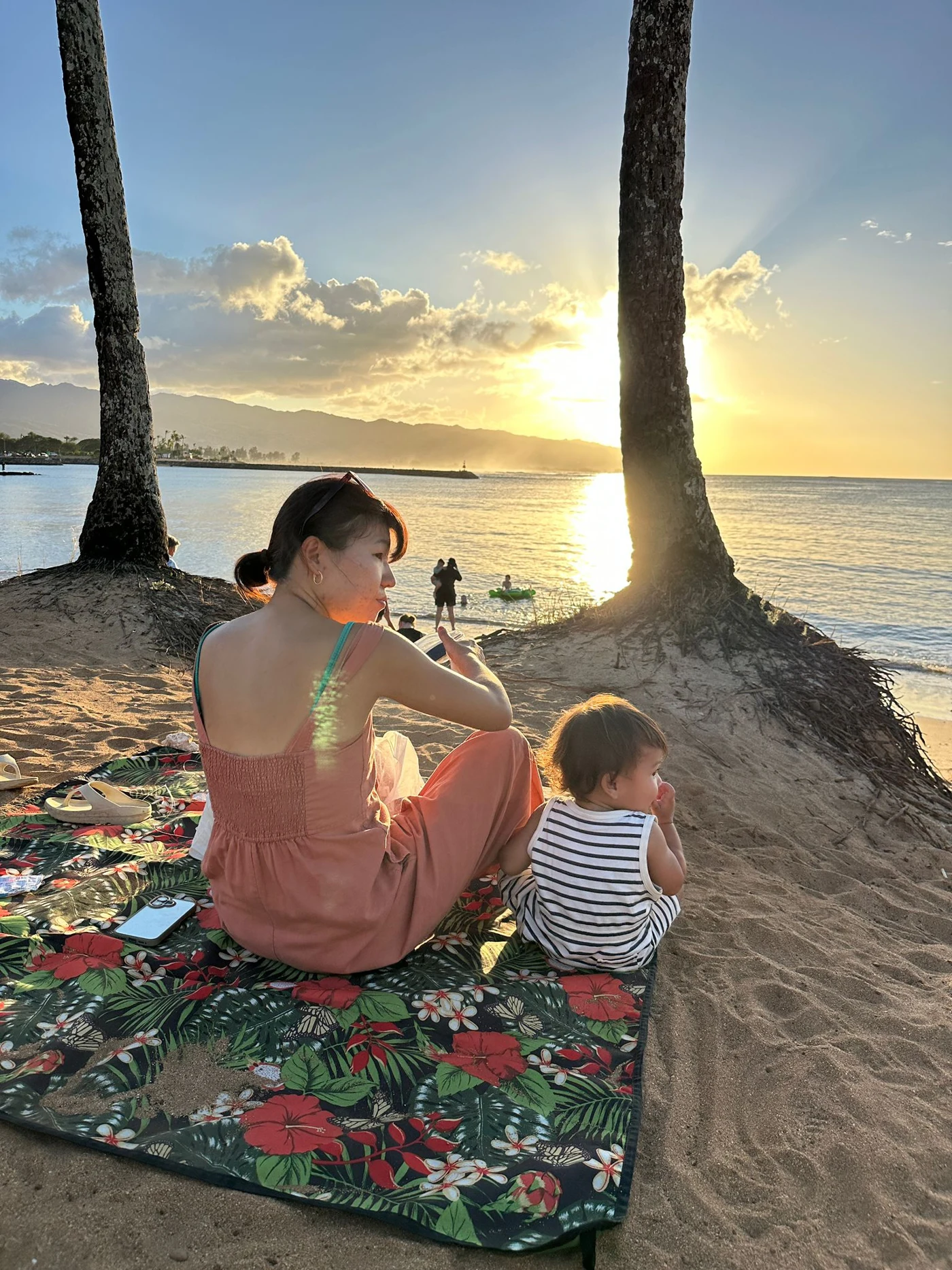ヤシの木と海辺の夕暮れ